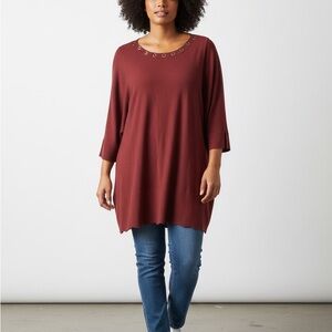 dressbarn Eyelet-Neck Tunic Top in Deep Red
